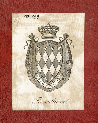 Fibel der Claude de France, Exlibris des siebenten Viscounts Fitzwilliam auf dem Spiegel des Vorderdeckels