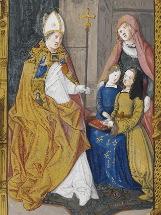 Fibel der Claude de France, Darstellung von Anne de Bretagne, betend zum heiligen Claudius, auf fol. 2v (p. 1)